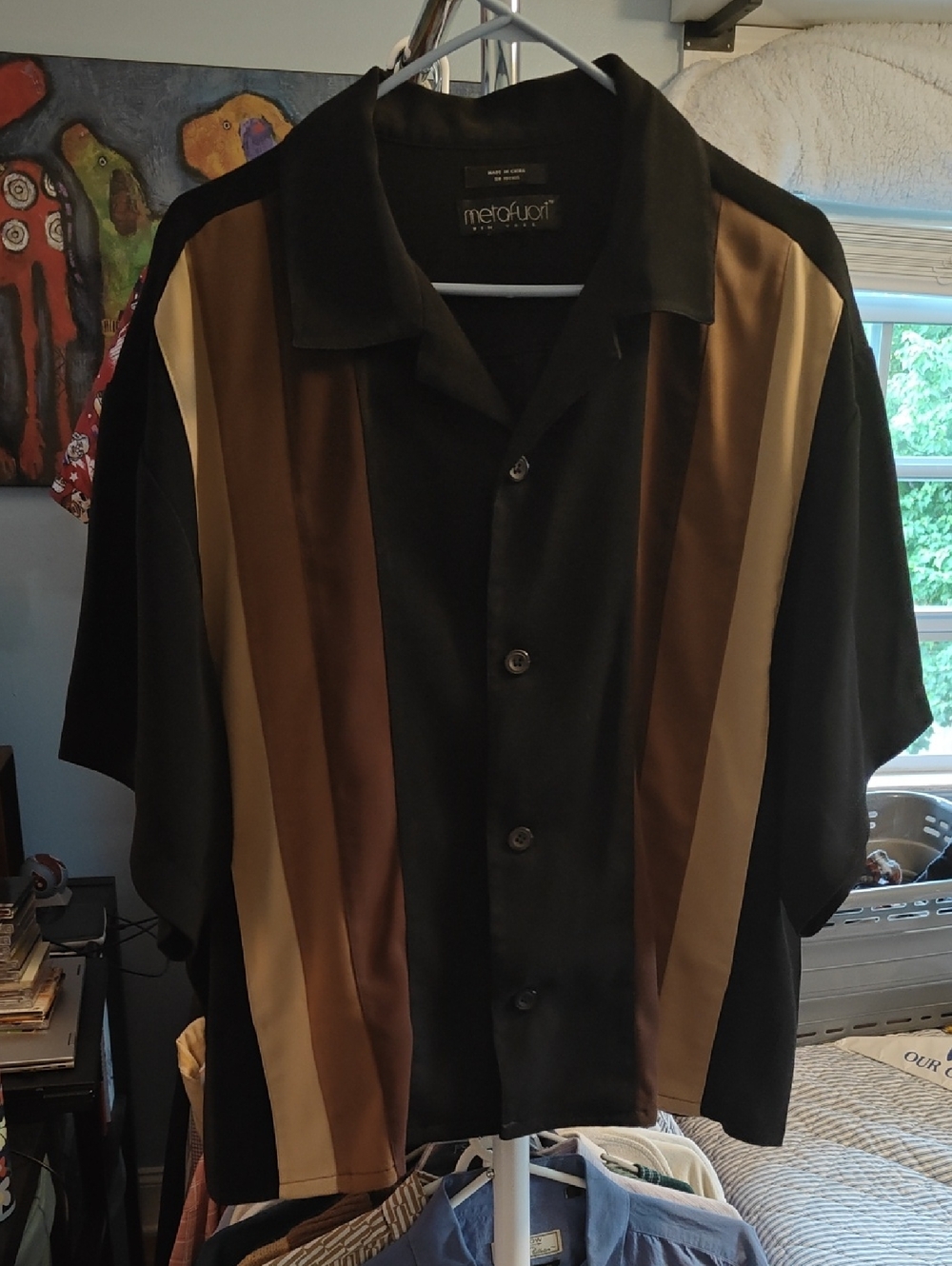 Men's Black & Brown Vertical Stripe Short-Sleeve Shirt - Tony Soprano Style
